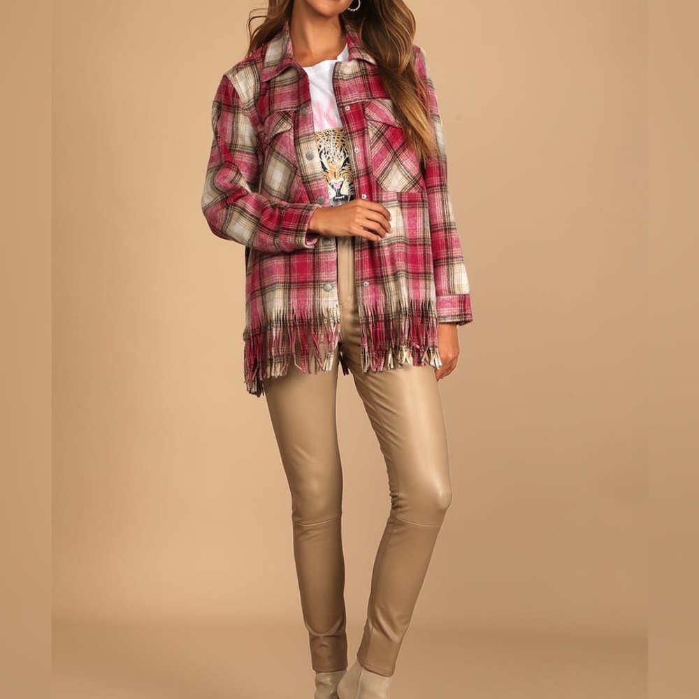 BlankNYC Woodstock Pink Plaid Fringe Shacket